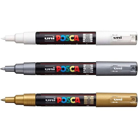 Authentic Posca Marker Set, 3 White, Gold, & Silver Professional Grade Posca Paint Markers with 1M Extra Fine Tip