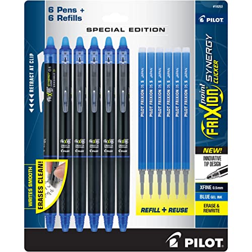 PILOT Frixion Synergy Clicker Erasable Pens, Retractable and Refillable, 0.5mm Extra Fine Point, 6 Pack of Ink Pens + 6 Refills