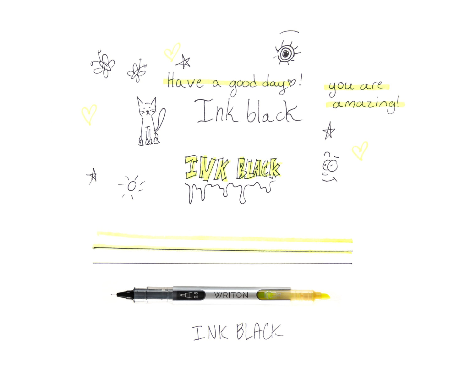 Writon Liquid Ink Rollerball Pen and Highlighter Combo, 0.5mm Extra Fine Precision Needle Point, Black Ink