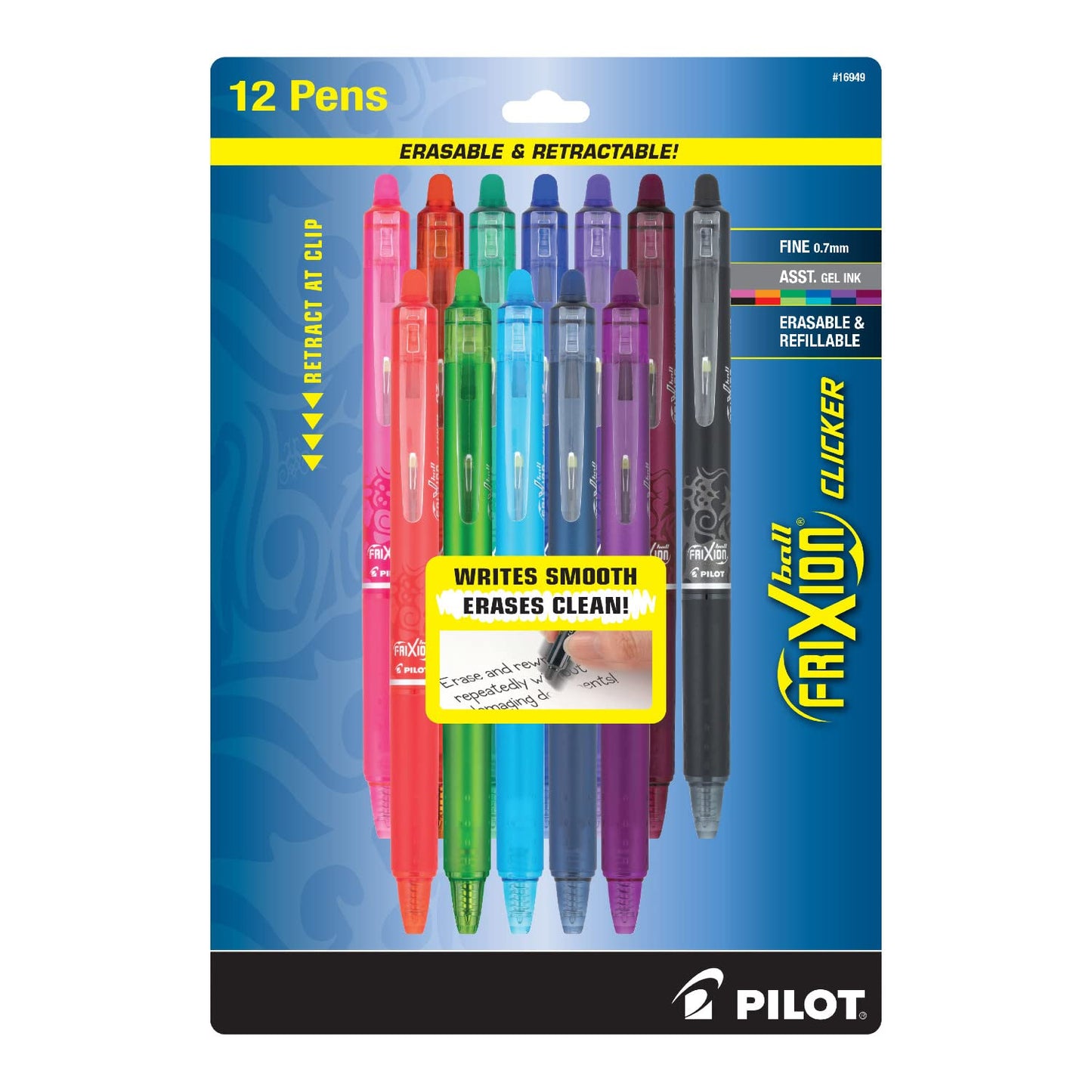 PILOT Frixion Clicker Erasable Gel Pen, Fine, 0.7 mm, Assorted Ink Colors, 12-Pack