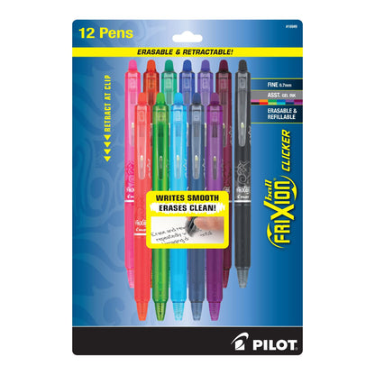 PILOT Frixion Clicker Erasable Gel Pen, Fine, 0.7 mm, Assorted Ink Colors, 12-Pack