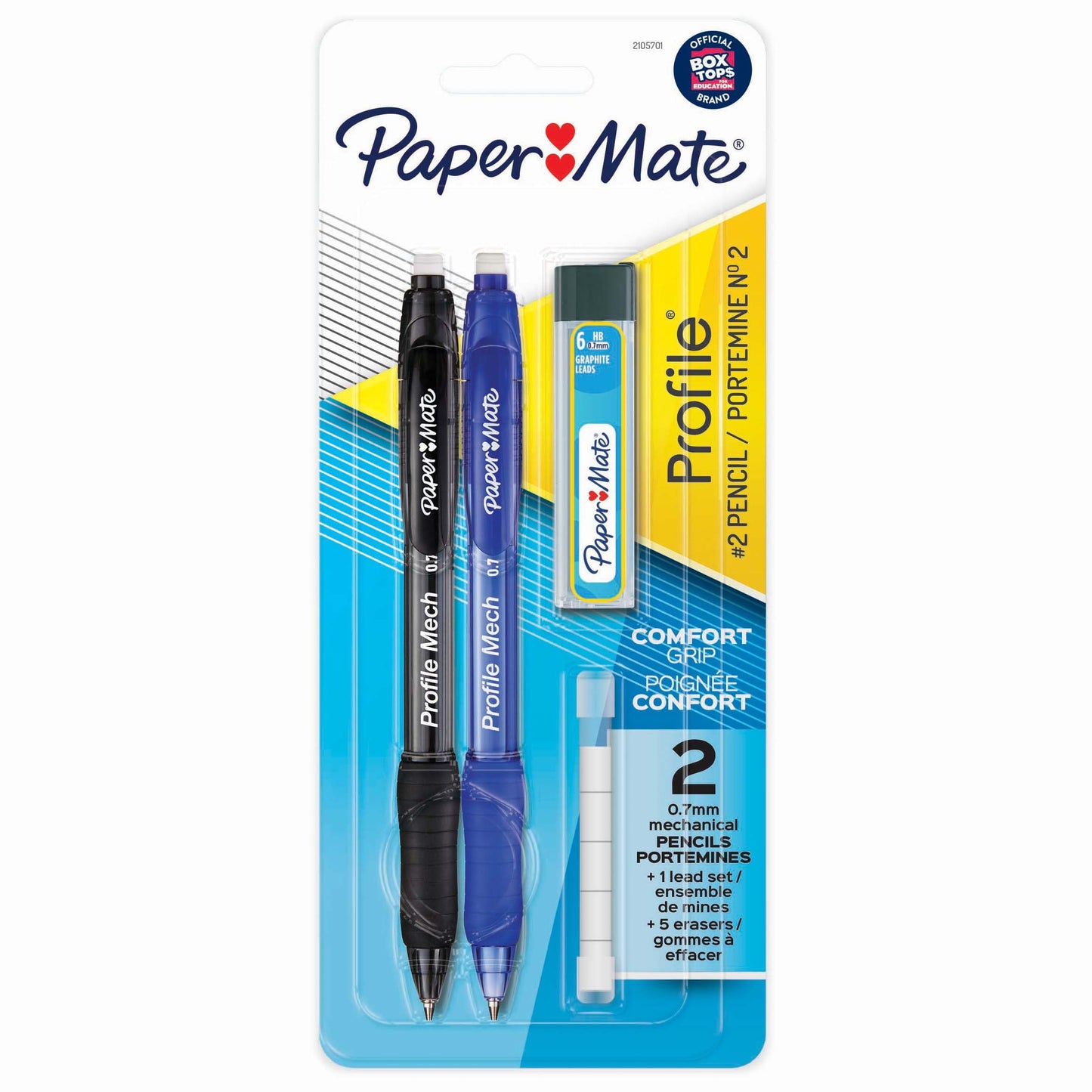 Paper Mate Profile Mech Mechanical Pencil Set, 0.7 mm #2 Pencil Lead, Includes Lead Refill and Eraser Refills, Assorted Barrel Colors, 2 Count