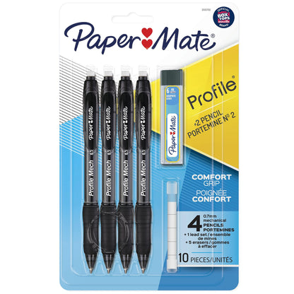 Paper Mate Profile Mechanical Pencils, 0.7 mm, HB #2 Lead, Black Barrel, Pack Of 4 Pencils