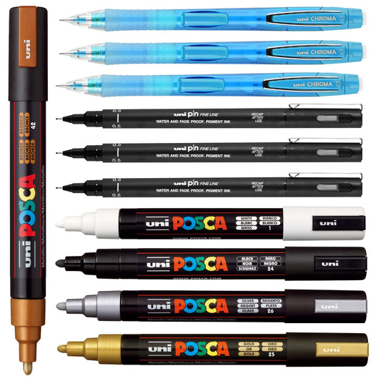 Posca Drawing and Sketching Kit - Metallic Color Posca Marker Set of 5 with 5M Medium Tips + 3 Count Uni Pin 0.5mm Fineliners + 3 Count Uni Chroma Mechanical Pencils