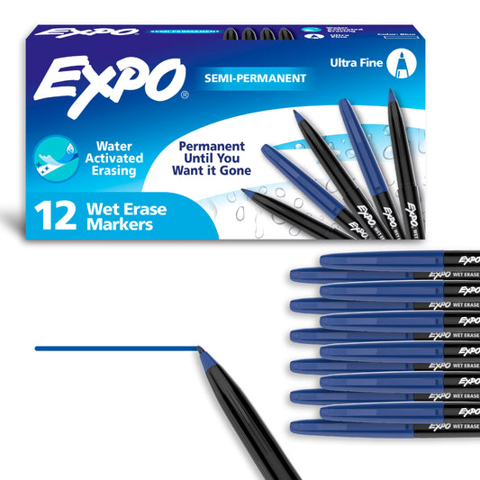 EXPO Wet Erase Markers, Semi-Permanent, Blue, Ultra Fine Tip, 12 Count - For Writing on Glass, Whiteboards, Mirrors, Calendar, Labeling, Organizing