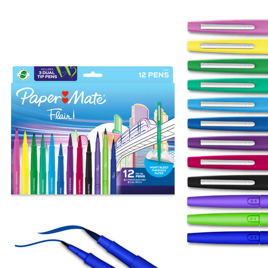 Paper Mate Flair Felt Tip Pens Variety Pack, Features Medium Point and DUAL Brush Pens, Assorted, 12 Count