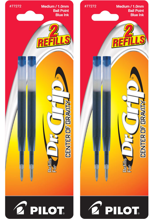 Pilot Dr. Grip Center of Gravity Ballpoint Pen Refills, Medium Point, Blue Ink, 4 Refills