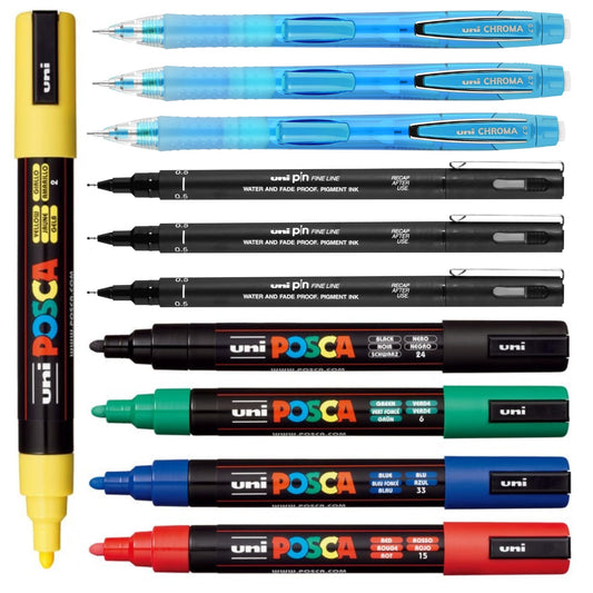 Posca Drawing and Sketching Kit - Primary Color Posca Marker Set of 5 with 5M Medium Tips + 3 Count Uni Pin 0.5mm Fineliners + 3 Count Uni Chroma Mechanical Pencils